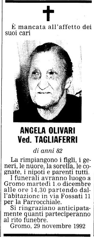 Annuncio Eco Bergamo ANGELA OLIVARI Ved. TAGLIAFERRI