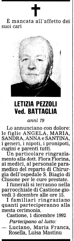 Annuncio Eco Bergamo LETIZIA PEZZOLI Ved. BATTAGLIA