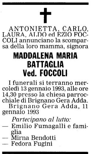 Annuncio Eco Bergamo MADDALENA MARIA BATTAGLIA Ved. FOCCOLI