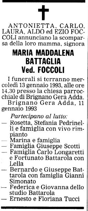 Annuncio Eco Bergamo MARIA MADDALENA BATTAGLIA Ved. FOCCOLI