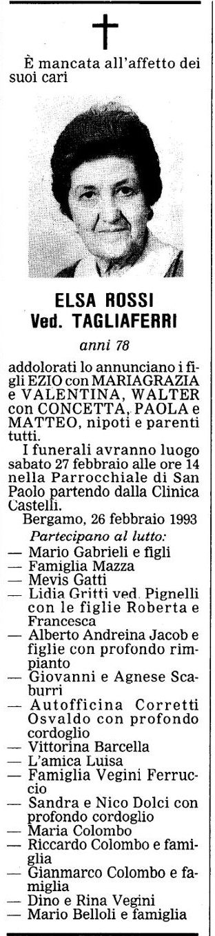 Annuncio Eco Bergamo ELSA ROSSI Ved. TAGLIAFERRI
