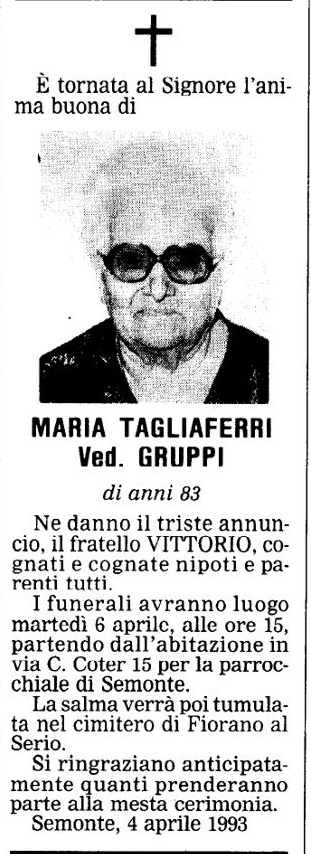 Annuncio Eco Bergamo MARIA TAGLIAFERRI Ved. GRUPPI