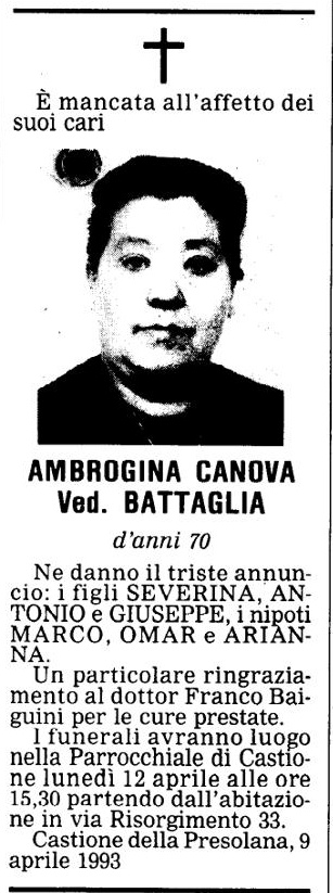 Annuncio Eco Bergamo AMBROGINA CANOVA Ved. BATTAGLIA