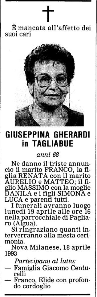 Annuncio Eco Bergamo GIUSEPPINA GHERARDI in TAGLIABUE