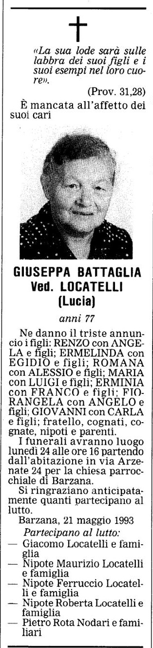 Annuncio Eco Bergamo GIUSEPPA BATTAGLIA Ved. LOCATELLI (Lucia)