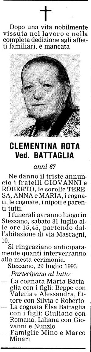 Annuncio Eco Bergamo CLEMENTINA ROTA Ved. BATTAGLIA