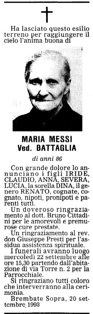Annuncio Eco Bergamo MARIA MESSI Ved. BATTAGLIA