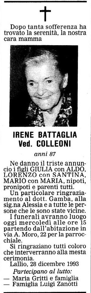 Annuncio Eco Bergamo IRENE BATTAGLIA Ved. COLLEONI