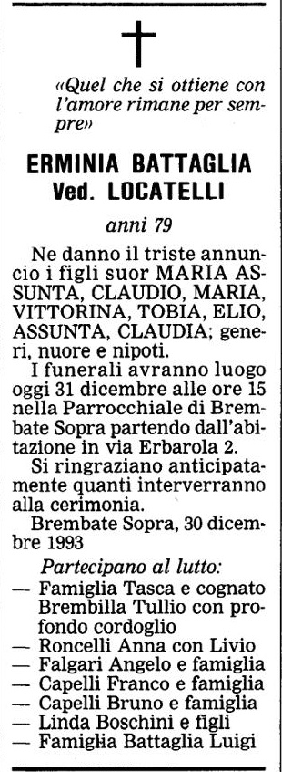 Annuncio Eco Bergamo ERMINIA BATTAGLIA Ved. LOCATELLI