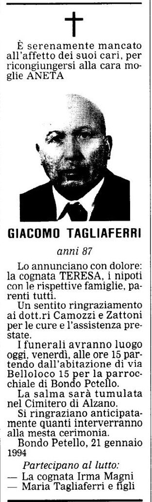 Annuncio Eco Bergamo GIACOMO TAGLIAFERRI