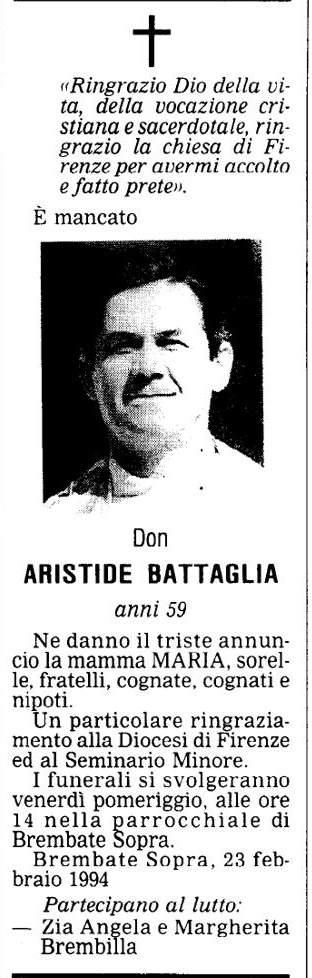 Annuncio Eco Bergamo Don ARISTIDE BATTAGLIA