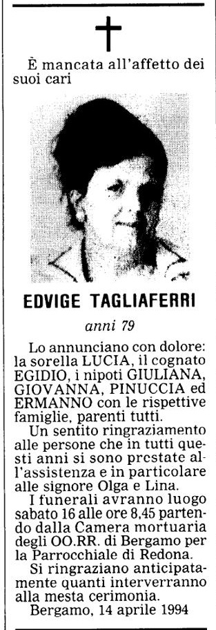 Annuncio Eco Bergamo EDVIGE TAGLIAFERRI