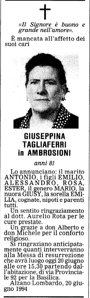 Annuncio Eco Bergamo GIUSEPPINA TAGLIAFERRI in AMBROSIONI