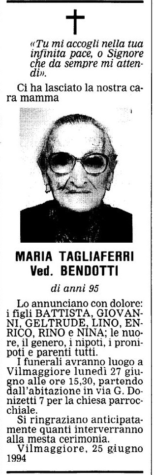 Annuncio Eco Bergamo MARIA TAGLIAFERRI Ved. BENDOTTI