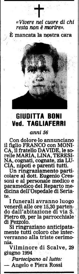 Annuncio Eco Bergamo GIUDITTA BONI Ved. TAGLIAFERRI