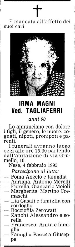 Annuncio Eco Bergamo IRMA MAGNI Ved. TAGLIAFERRI