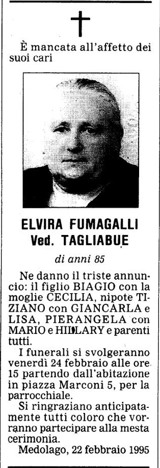 Annuncio Eco Bergamo ELVIRA FUMAGALLI Ved. TAGLIABUE