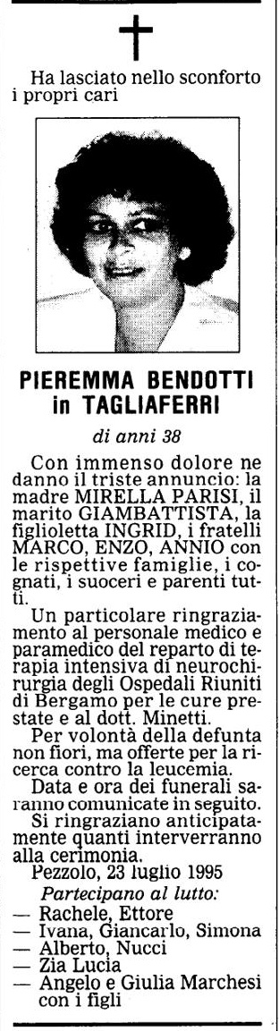 Annuncio Eco Bergamo PIEREMMA BENDOTTI in TAGLIAFERRI
