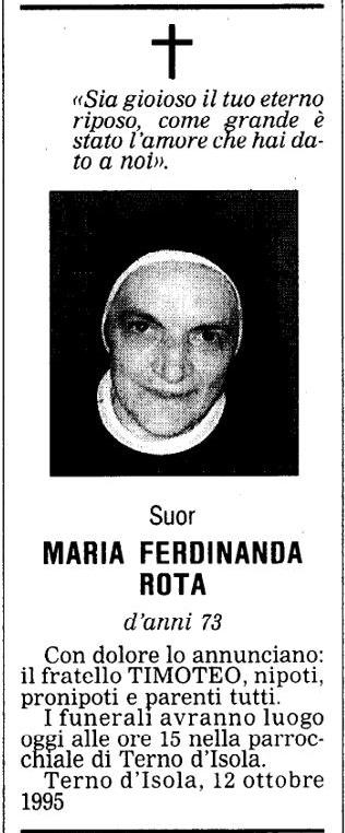 Annuncio Eco Bergamo Suor MARIA FERDINANDA ROTA