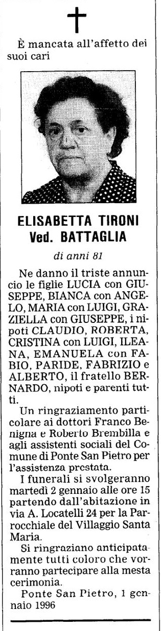 Annuncio Eco Bergamo ELISABETTA TIRONI Ved. BATTAGLIA