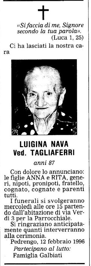 Annuncio Eco Bergamo LUIGINA NAVA Ved. TAGLIAFERRI