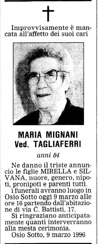 Annuncio Eco Bergamo MARIA MIGNANI Ved. TAGLIAFERRI