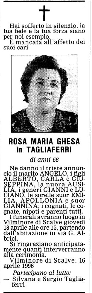Annuncio Eco Bergamo ROSA MARIA GHESA in TAGLIAFERRI