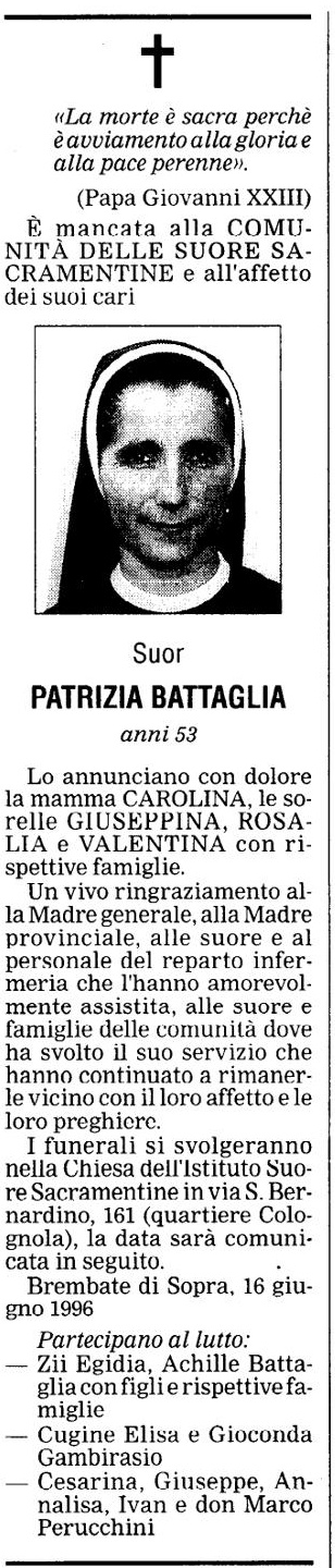 Annuncio Eco Bergamo Suor PATRIZIA BATTAGLIA