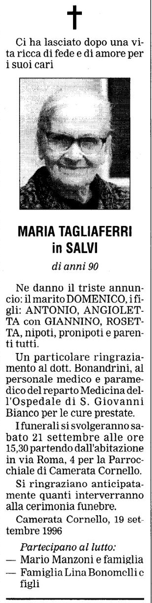 Annuncio Eco Bergamo MARIA TAGLIAFERRI in SALVI