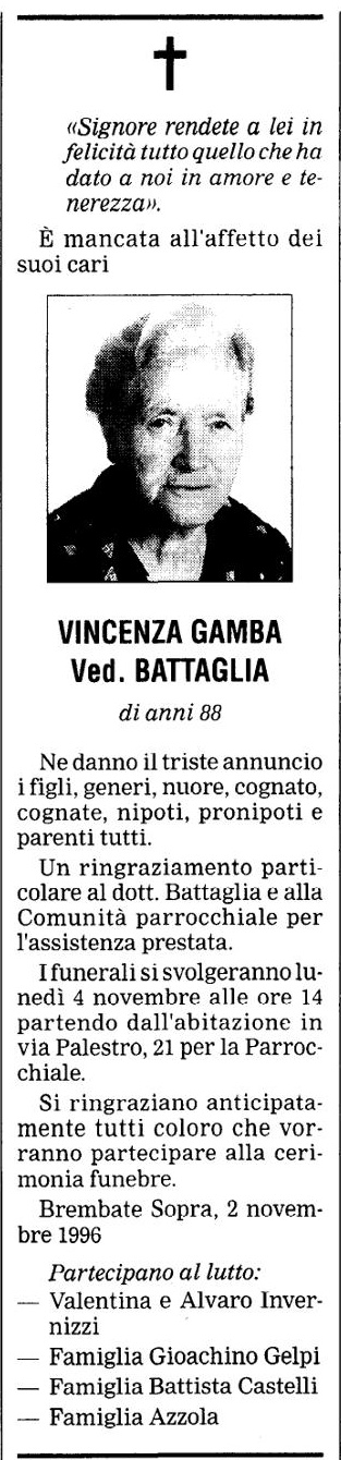 Annuncio Eco Bergamo VINCENZA GAMBA Ved. BATTAGLIA