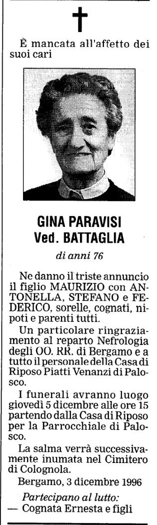 Annuncio Eco Bergamo GINA PARAVISI Ved. BATTAGLIA