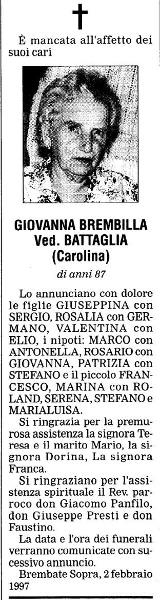 Annuncio Eco Bergamo GIOVANNA BREMBILLA Ved. BATTAGLIA (Carolina)