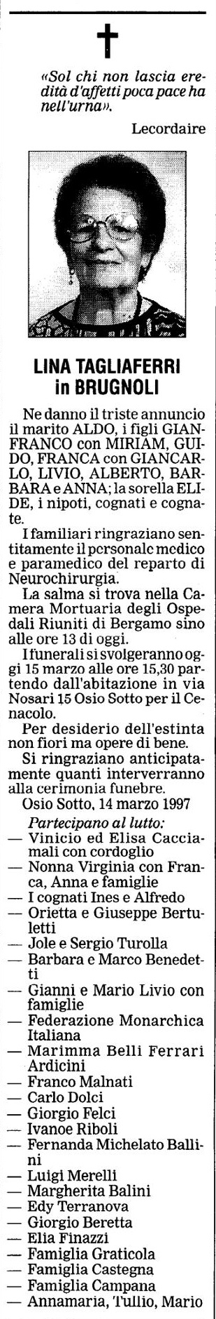 Annuncio Eco Bergamo LINA TAGLIAFERRI in BRUGNOLI