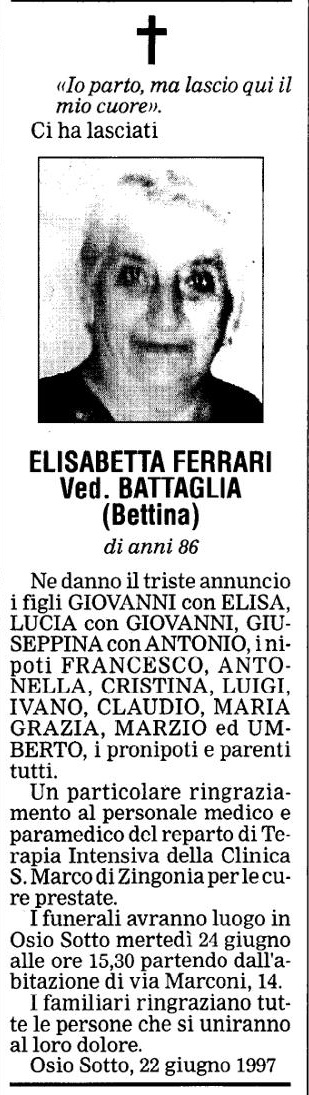Annuncio Eco Bergamo ELISABETTA FERRARI Ved. BATTAGLIA (Bettina)