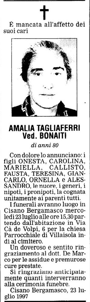 Annuncio Eco Bergamo AMALIA TAGLIAFERRI Ved. BONAITI