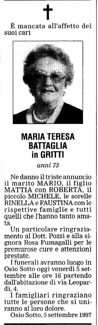 Annuncio Eco Bergamo MARIA TERESA BATTAGLIA in GRITTI