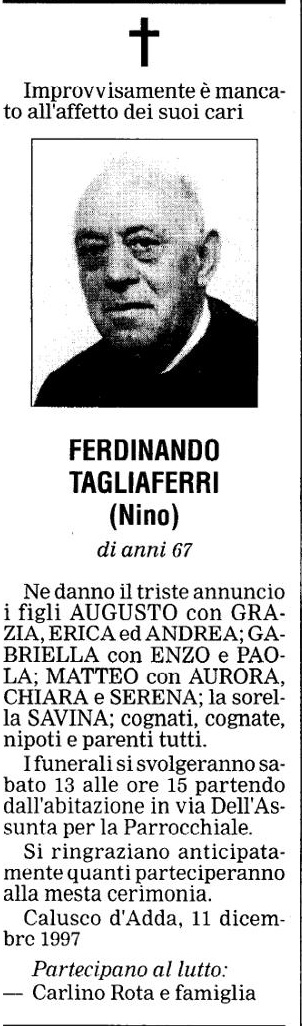 Annuncio Eco Bergamo FERDINANDO TAGLIAFERRI (Nino)