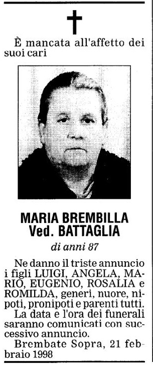 Annuncio Eco Bergamo MARIA BREMBILLA Ved. BATTAGLIA