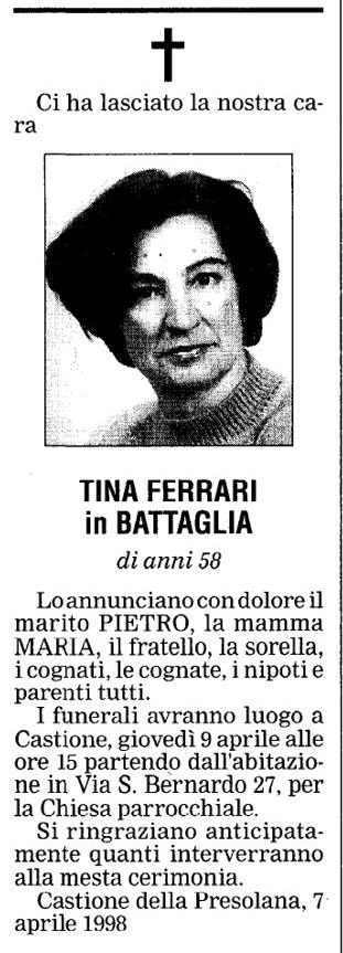 Annuncio Eco Bergamo TINA FERRARI in BATTAGLIA