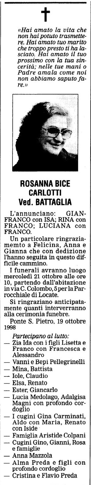 Annuncio Eco Bergamo ROSANNA BICE CARLOTTI Ved. BATTAGLIA