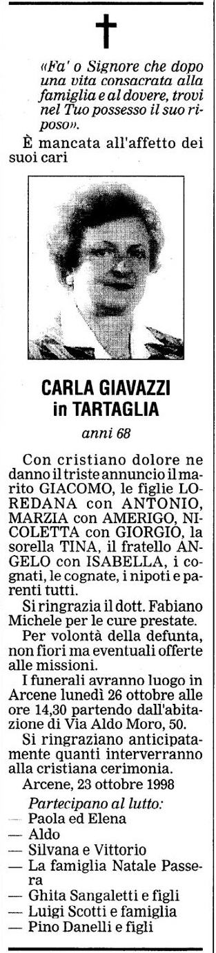 Annuncio Eco Bergamo CARLA GIAVAZZI in TARTAGLIA