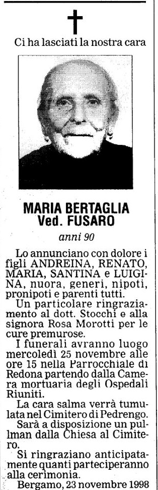 Annuncio Eco Bergamo MARIA BERTAGLIA Ved. FUSARO