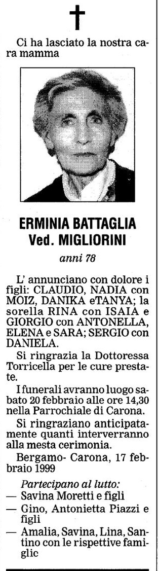 Annuncio Eco Bergamo ERMINIA BATTAGLIA Ved. MIGLIORINI