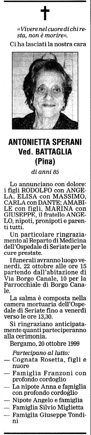 Annuncio Eco Bergamo ANTONIETTA SPERANI Ved. BATTAGLIA (Ріпа)