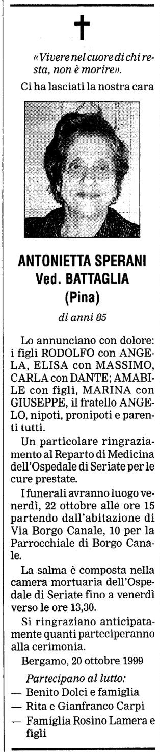 Annuncio Eco Bergamo ANTONIETTA SPERANI Ved. BATTAGLIA (Pina)