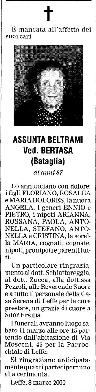 Annuncio Eco Bergamo ASSUNTA BELTRAMI Ved. BERTASA (Bataglia)
