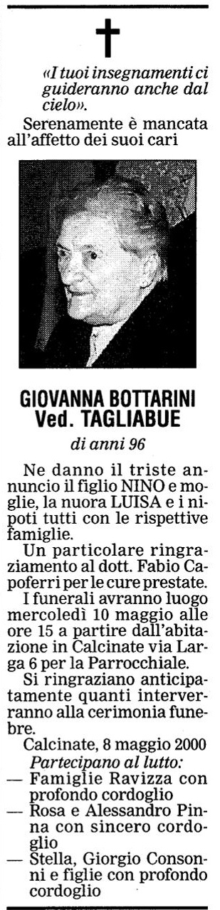 Annuncio Eco Bergamo GIOVANNA BOTTARINI Ved. TAGLIABUE