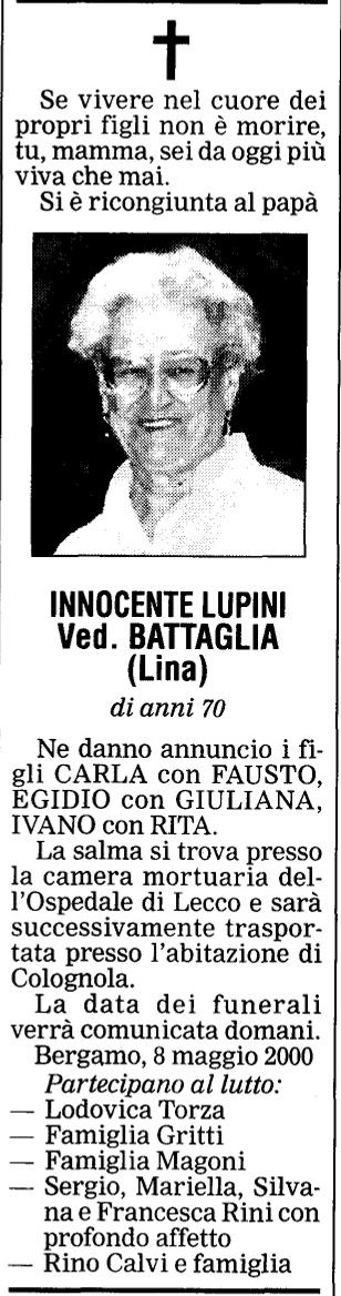 Annuncio Eco Bergamo INNOCENTE LUPINI Ved. BATTAGLIA (Lina)
