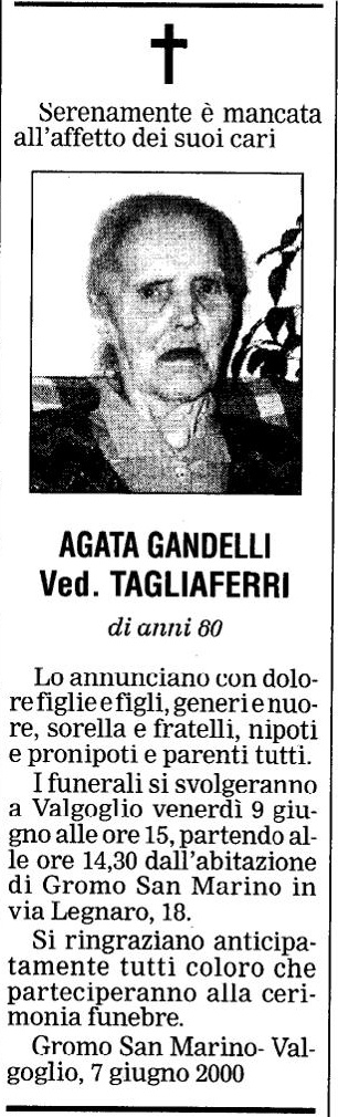 Annuncio Eco Bergamo AGATA GANDELLI Ved. TAGLIAFERRI