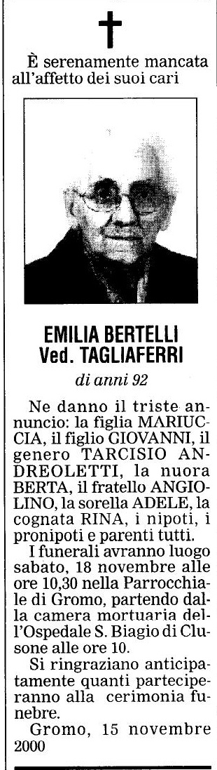 Annuncio Eco Bergamo EMILIA BERTELLI Ved. TAGLIAFERRI